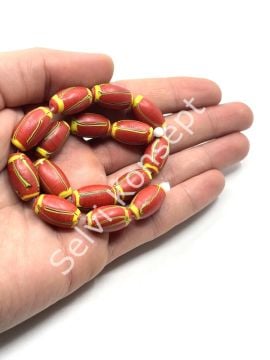 El Yapımı Geri Dönüştürülmüş Ritmik Çizgili Mat Oval Cam Boncuk Kırmızı 10x18 mm