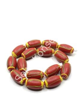 El Yapımı Geri Dönüştürülmüş Ritmik Çizgili Mat Oval Cam Boncuk Kırmızı 10x18 mm