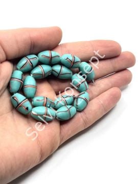 El Yapımı Geri Dönüştürülmüş Ritmik Çizgili Mat Oval Cam Boncuk Turkuaz 10x16 mm