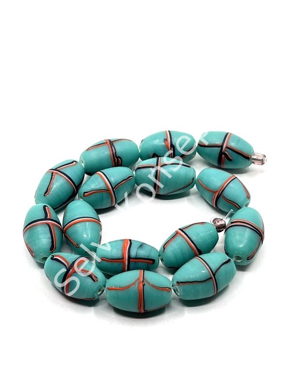 El Yapımı Geri Dönüştürülmüş Ritmik Çizgili Mat Oval Cam Boncuk Turkuaz 10x16 mm