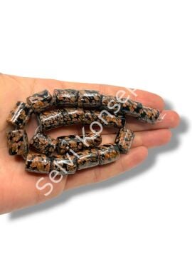El Yapımı Kahverengi Benekli Silindir Dizi Cam Boncuk Siyah 12x15 mm