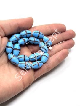 El Yapımı Geri Dönüştürülmüş Ritmik Çizgili Mat Oval Cam Boncuk Mavi 10x16 mm