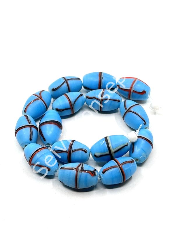 El Yapımı Geri Dönüştürülmüş Ritmik Çizgili Mat Oval Cam Boncuk Mavi 10x16 mm