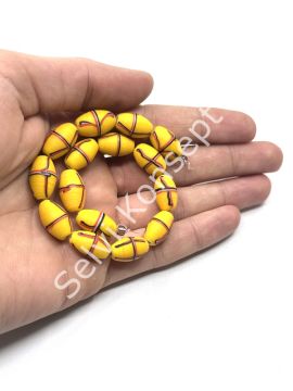 El Yapımı Geri Dönüştürülmüş Ritmik Çizgili Mat Oval Cam Boncuk Hardal 10x16 mm