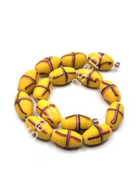 El Yapımı Geri Dönüştürülmüş Ritmik Çizgili Mat Oval Cam Boncuk Hardal 10x16 mm