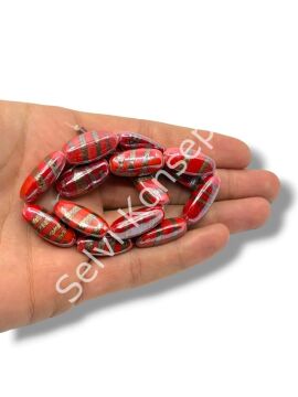 El Yapımı Faset Kesim Silindir Çizgili Dizi Cam Boncuk Kırmızı 8x23 mm