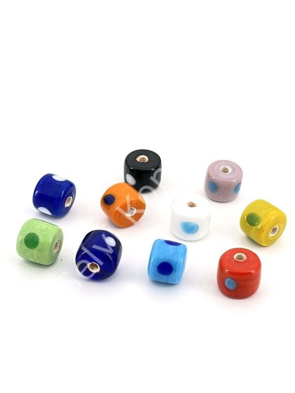 Murano Benekli Silindir Cam Boncuk Karışık Renkli 10 Adet