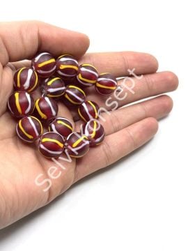 El Yapımı Geri Dönüştürülmüş Ritmik Çizgili Mat Yuvarlak Cam Boncuk Kırmızı 14 mm