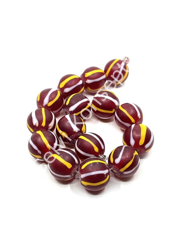 El Yapımı  Renkli Çizgili Mat Yuvarlak Dizi Cam Boncuk Kırmızı 14 mm