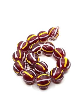 El Yapımı Geri Dönüştürülmüş Ritmik Çizgili Mat Yuvarlak Cam Boncuk Kırmızı 14 mm