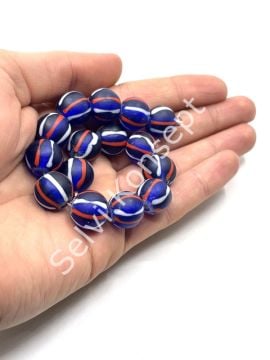 El Yapımı Geri Dönüştürülmüş Ritmik Çizgili Mat Yuvarlak Cam Boncuk Lacivert 14 mm