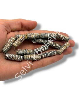 El Yapımı Çizgili Pişmiş Eskitme Silindir Toprak Dizi Boncuk 9x30 mm