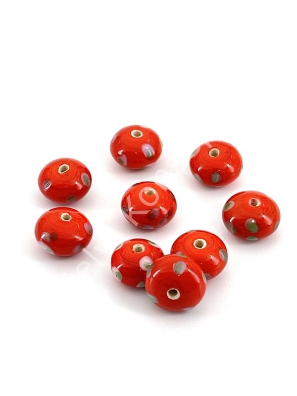 Murano Çok Benekli Tombul Rondela Cam Boncuk Turuncu 10 Adet