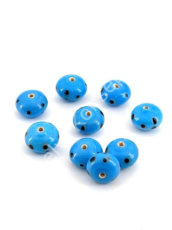 Murano Çok Benekli Tombul Rondela Cam Boncuk Mavi 10 Adet