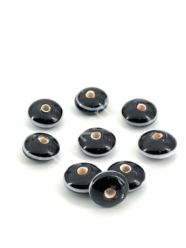 Murano Çizgili Rondela Cam Boncuk Siyah 10 Adet