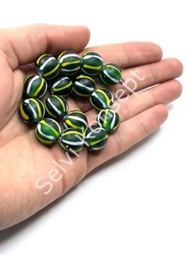 El Yapımı Geri Dönüştürülmüş Ritmik Çizgili Mat Yuvarlak Cam Boncuk Yeşil 14 mm