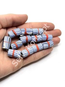 El Yapımı Geri Dönüştürülmüş Ritmik Çizgili Mat Silindir Cam Boncuk Açık Lacivert 12x21 mm