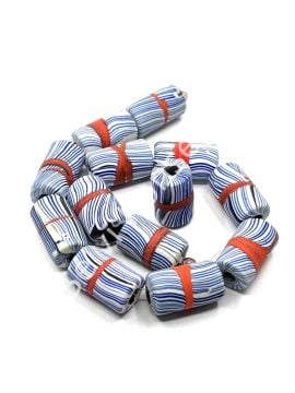 El Yapımı Sık Şeritli Geri Dönüştürülmüş Mat  Dizi Cam Boncuk Açık Lacivert 12x21 mm