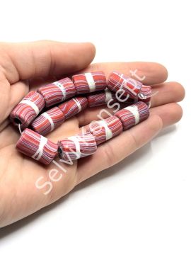 El Yapımı Geri Dönüştürülmüş Ritmik Çizgili Mat Silindir Cam Boncuk Kırmızı 12x21 mm