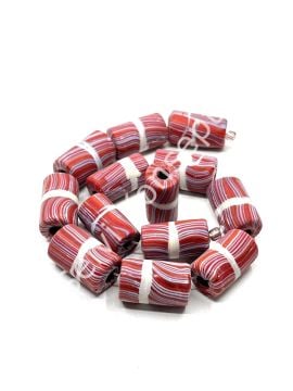 El Yapımı Geri Dönüştürülmüş Ritmik Çizgili Mat Silindir Cam Boncuk Kırmızı 12x21 mm