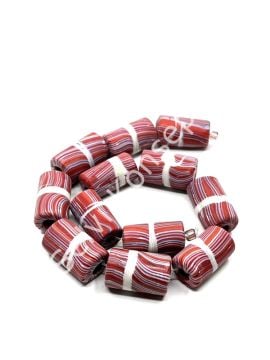 El Yapımı Geri Dönüştürülmüş Ritmik Çizgili Mat Silindir Cam Boncuk Kırmızı 12x21 mm