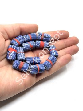 El Yapımı Geri Dönüştürülmüş Ritmik Çizgili Mat Silindir Cam Boncuk Lacivert 12x21 mm