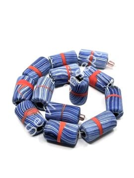 El Yapımı Geri Dönüştürülmüş Ritmik Çizgili Mat Silindir Cam Boncuk Lacivert 12x21 mm