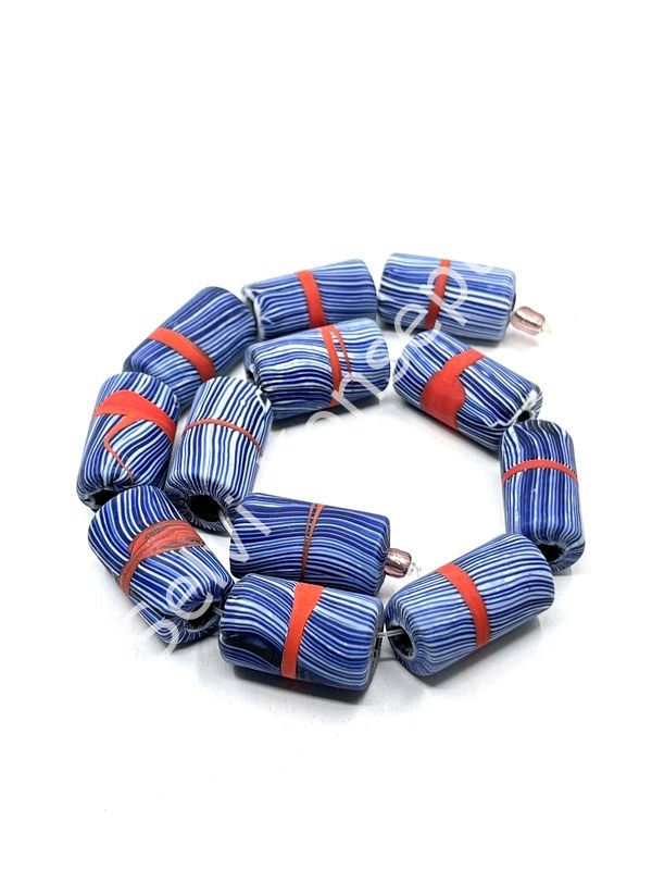 El Yapımı Geri Dönüştürülmüş Ritmik Çizgili Mat Silindir Cam Boncuk Lacivert 12x21 mm