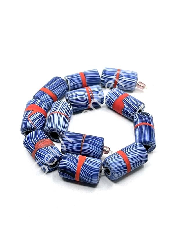 El Yapımı Geri Dönüştürülmüş Ritmik Çizgili Mat Silindir Cam Boncuk Lacivert 12x21 mm