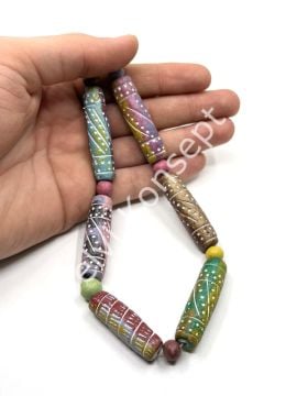 El Yapımı Desenli Pişmiş Silindir Toprak Boncuk Karışık Renkli Dizi 12x37-47 mm
