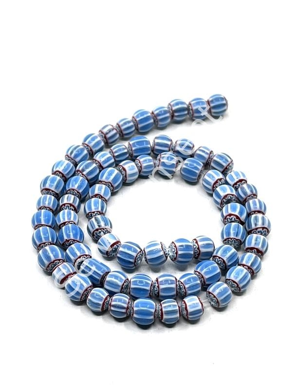 El Yapımı Afrika Chevron Dizi Cam Boncuk  Mavi-Beyaz 6-7 mm