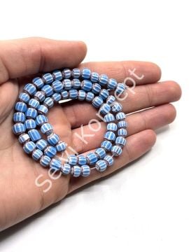 El Yapımı Afrika Chevron Dizi Cam Boncuk  Mavi-Beyaz 6-7 mm