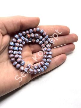 El Yapımı Afrika Chevron Dizi Cam Boncuk  Saks Mavi-Kırmızı 6-7 mm
