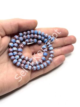 El Yapımı Afrika Chevron Dizi Cam Boncuk  Mavi-Kırmızı 6-7 mm