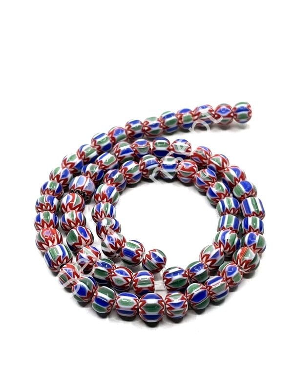 El Yapımı Afrika Chevron Dizi Cam Boncuk  Yeşil-Lacivert 6-7 mm