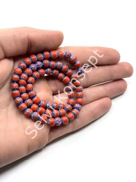 El Yapımı Afrika Chevron Dizi Cam Boncuk  Kırmızı-Lacivert 6-7 mm