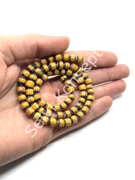 El Yapımı Afrika Chevron Dizi Cam Boncuk  Hardal-Beyaz 6-7 mm