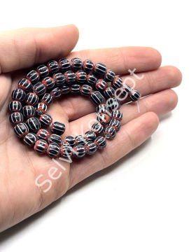 El Yapımı Afrika Chevron Dizi Cam Boncuk Siyah-Beyaz 7 mm