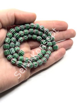 El Yapımı Afrika Chevron Dizi Cam Boncuk Yeşil-Beyaz 7 mm