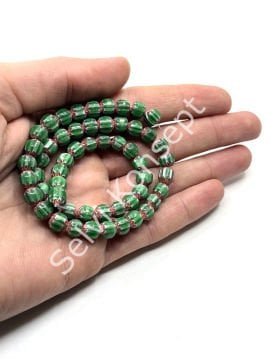 El Yapımı Afrika Chevron Dizi Cam Boncuk Yeşil 7 mm