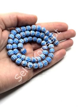 El Yapımı Afrika Chevron Dizi Cam Boncuk Mavi-Beyaz 8 mm