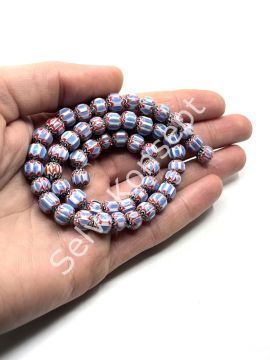 El Yapımı Afrika Chevron Dizi Cam Boncuk Saks Mavi-Kırmızı 8 mm