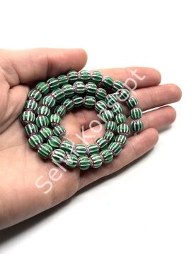 El Yapımı Afrika Chevron Dizi Cam Boncuk Yeşil-Beyaz 8 mm