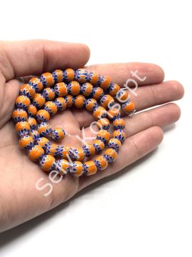 El Yapımı Afrika Chevron Dizi Cam Boncuk Turuncu-Lacivert 8 mm