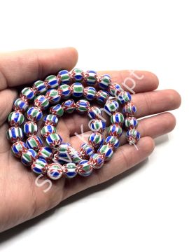 El Yapımı Afrika Chevron Dizi Cam Boncuk Yeşil-Lacivert 9 mm