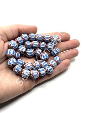 El Yapımı Afrika Chevron Dizi Cam Boncuk Saks Mavi-Kırmızı 12-13 mm