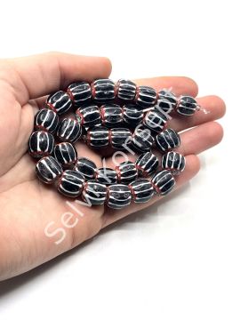 El Yapımı Afrika Chevron Dizi Cam Boncuk Siyah-Beyaz 12-13 mm