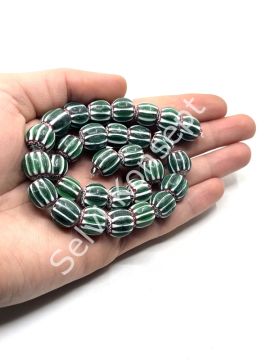 El Yapımı Afrika Chevron Dizi Cam Boncuk Yeşil-Beyaz 12-13 mm