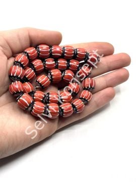 El Yapımı Afrika Chevron Dizi Cam Boncuk Kırmızı-Beyaz 12-13 mm
