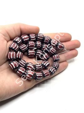 El Yapımı Afrika Chevron Dizi Cam Boncuk Kahverengi-Beyaz 12-13 mm